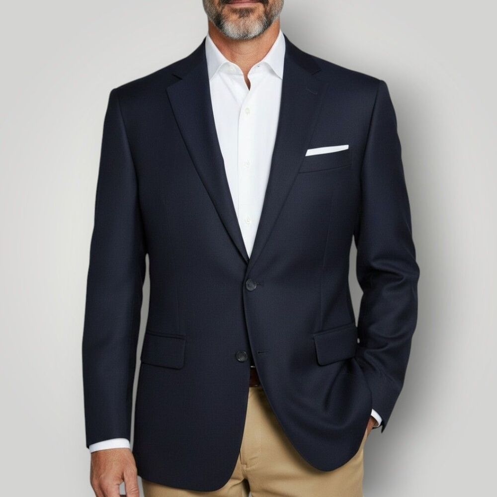 DOCKERS Mens Blazer 42R Sport Coat Brass Buttons Jacket Navy Wool Blend